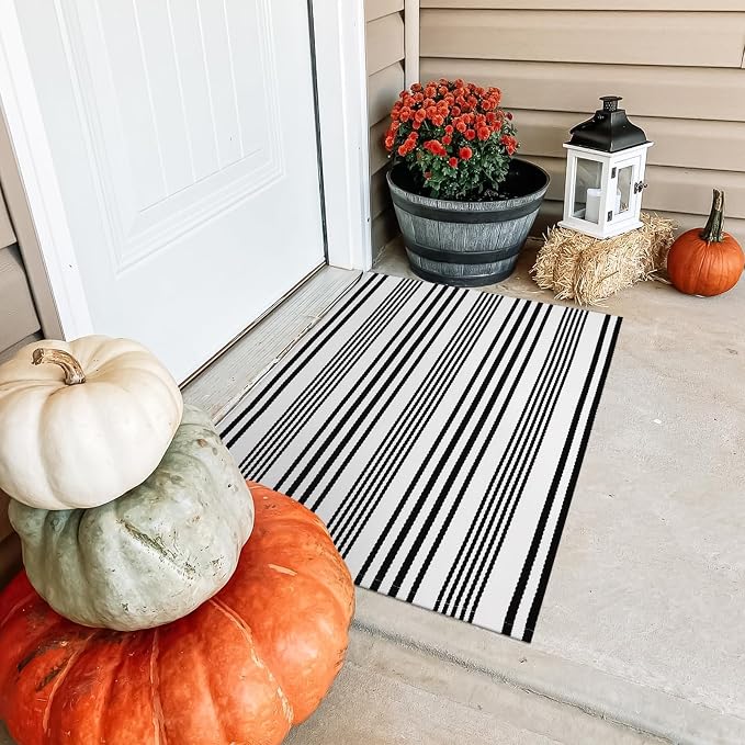 OJIA Front Door Mat 24"x35" Welcome Mat Black and White Outdoor Rug Doormat | Cotton Woven Front Door Rug Washable Indoor Door Mat Outside Entrance Striped Rug for Fall Porch Decor/Farmhouse/Entryway