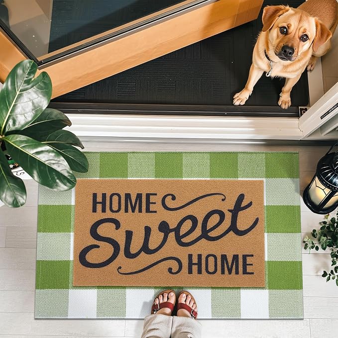 OLANLY Buffalo Plaid Rug 2'4" x 3'7" (27.5" x 43") – Green and White Cotton Checkered Doormat, Washable Indoor Outdoor Rug for Layered Front Porch, Kitchen, Entryway Decor