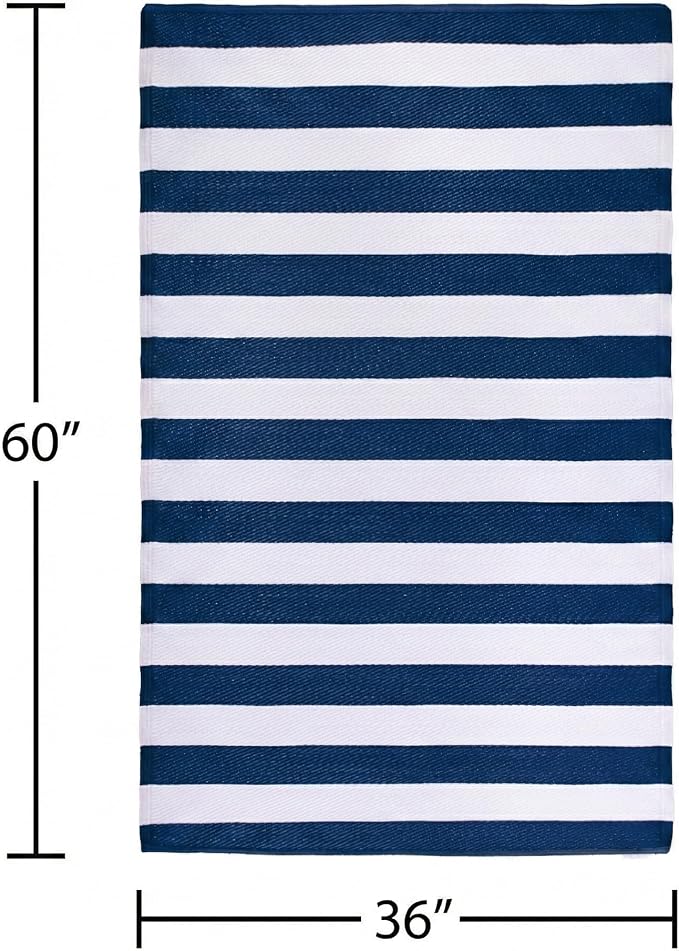 FH Home Outdoor Rug - Waterproof, Fade Resistant, Reversible - Premium Recycled Plastic - Striped - Porch, Deck, Balcony, Mudroom, Laundry Room, Patio - Brittany - Blue & White Crease Free - 3 x 5 ft