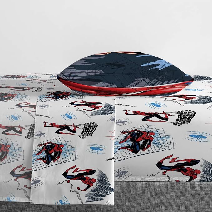 Marvel Spiderman Twin Comforter Set 4 Piece Kids Bedding for Boys, Multi | Bed in a Bag, Comforter Sheets Pillowcase, Official Product, Soft Microfiber, Machine Washable, Easy Care, Boys Gift