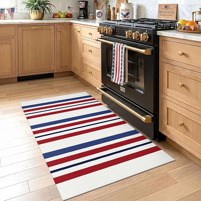 KOZYFLY 250th Anniversary Patriotic Doormat Blue Red White Striped Rug 24 x 35 Inch Front Door Mat 4th of July Memorial Day Welcome Mats for Entryway Porch Kitchen Patio Independence Day Decor