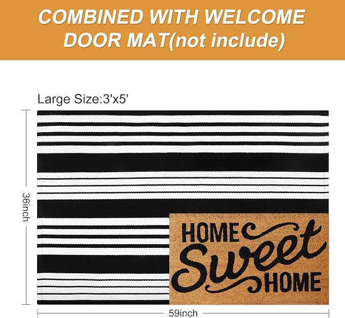 LEEVAN 3'X5' Black and White Striped Woven Cotton Reversible Outdoor Rug | Small Machine Washable Front Porch Rug, Entryway Door Mat, Indoor Layering Carpet for Farmhouse Bathroom Laundry