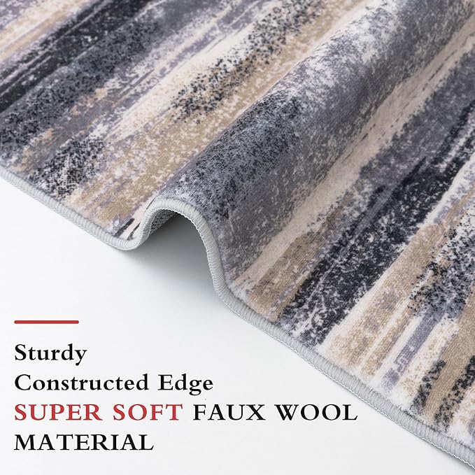 Lansny Modern Abstract Runner Rug 2x6, Grey Black Multi Washable Kitchen Runner Non-Slip Soft Hallway Rug Runner Thin Print Faux Wool Carpet for Entryway Bedroom Laundry Room Indoor