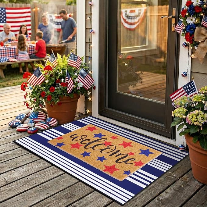 2 Pcs 4th of July Welcome Door Mat Patriotic Star Doormat White Blue Star Door Mats Non-Slip Coir Doormat with Stripes Layered Rug for America 250th Anniversary, Front Porch Entryway Decor