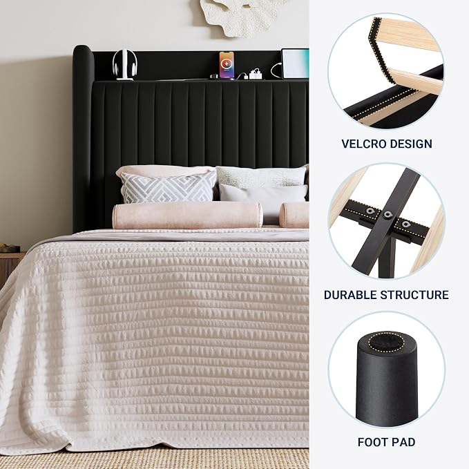 Allewie Queen Size Platform Bed Frame with USB Charging Station and Storage Shelf/Upholstered Velvet Wingback Headboard/Wooden Slats Support/No Box Spring Needed/Easy Assembly, Black