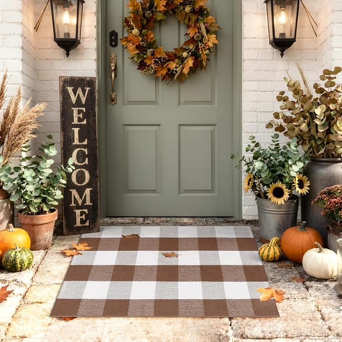 Uphome Bufflo Plaid Outdoor Rug 2'x3', Fall Decor Small Checkered Front Door Mat, Indoor Outdoor Farmhouse Cotton Porch Rug for Layered Door Mats, Washable Brown Area Rugs for Patio Entryway