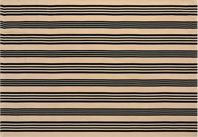 OJIA Outdoor Patio Rug 5'x7', Black and Tan Striped Outdoor Rugs Washable | Machine Washable Area Rugs Cotton Hand Woven Indoor Outdoor Rugs for Bedroom/Living Room/Front Porch/Deck/Backyard/Camping