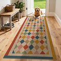 Washable Checkered Easy Jute Runner Rug 2x6, Colorful Checkerboard Boho Geometric Outdoor Indoor Patio Area Rug, Woven Non Slip Thin Neutral Long Carpet for Hallway Kitchen 6ft Entryway Porch