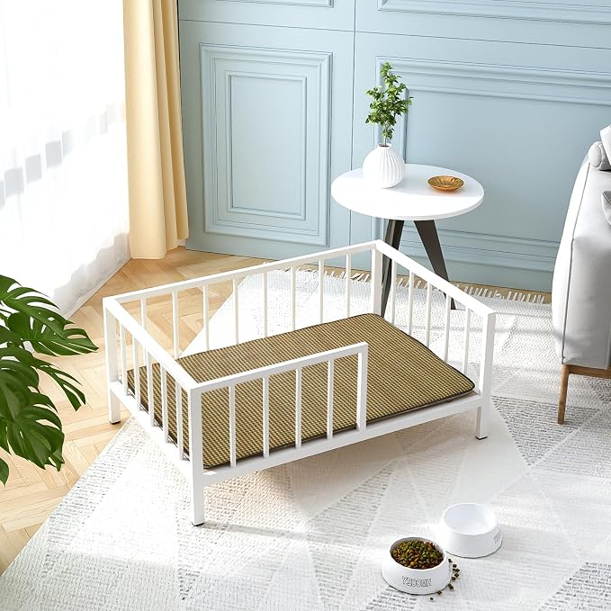 OSCHF Dog Bed with Rails - Elevated Pet Metal Bed Frame with Solid Wood Board and Washable Soft Mat for Medium Dog Indoor or Outdoor Use, 25.2" x 37.8", White