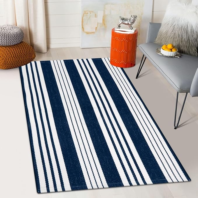 OJIA Blue & White Outdoor Rug 3'x5' Front Porch Rug Outdoor Mat Patio Decor | Cotton Woven Striped Patio Rug Machine Washable Indoor Outdoor Rugs Entry Layered Door Mats for Entryway/Front Door Entrance