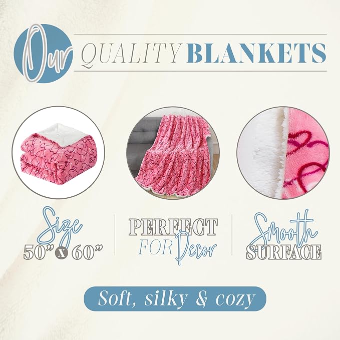 Elegant Comfort Valentine's Day Sherpa Fleece Throw Blanket for Couch - Soft and Warm Sherpa Backing Reversible Pink Hearts Flannel Blanket Valentines Decor, 50 x 60 inches, Amara