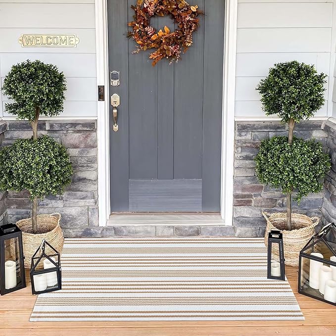 Khaki and White Striped Outdoor Rug 24'' x 51'' Front Porch Rug Hand-Woven Machine Washable Indoor/Layered Door Mats for Entryway/Bedroom
