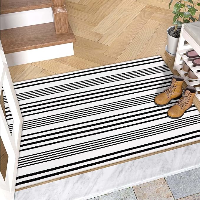 OJIA Front Door Mat 24"x35" Welcome Mat Black and White Outdoor Rug Doormat | Cotton Woven Front Door Rug Washable Indoor Door Mat Outside Entrance Striped Rug for Fall Porch Decor/Farmhouse/Entryway
