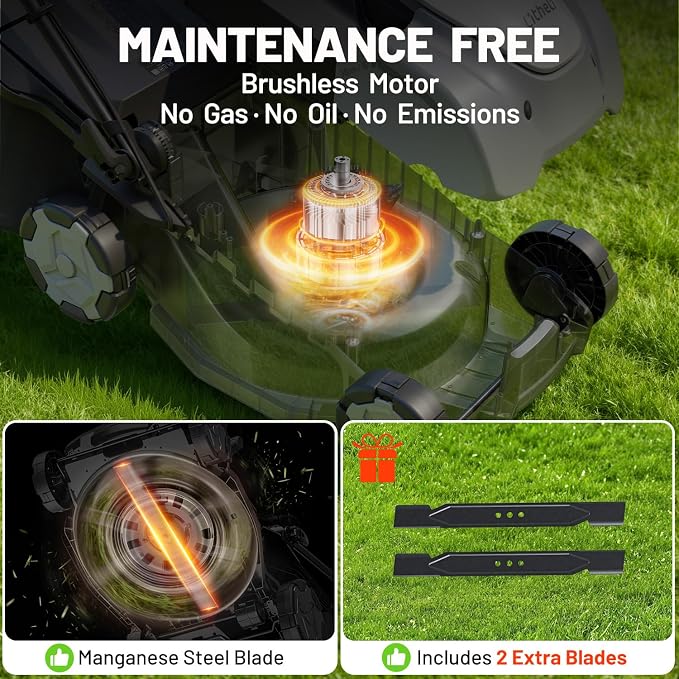 Litheli 40V Cordless Lawn Mower 16 Inch, 2x20V Electric Push Mower, Brushless Motor, 6 Position Cutting Heights 25 75mm, 50L Large Grass Catcher, Mulching Capable, 2x5.0Ah Batteries and Charger