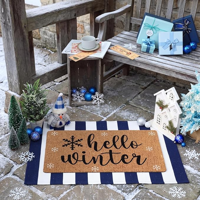 Moucuny 2 Pcs Hello Winter Door Mat Outdoor Snowflake Nature Coir Welcome Outdoor Rug Dark Blue White Stripe Front Door Rugs Non Slip Floor Mats for Winter Entrance Front Porch Decor
