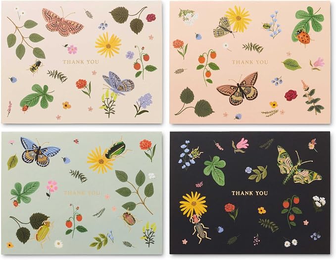 RIFLE PAPER CO. Curio Thank You Keepsake Card Boxed Set of 8, 4.25" L x 5.5" W Blank Interior Lets Your Thoughtful Handwritten Note Take Center Stage, Crafted in the USA