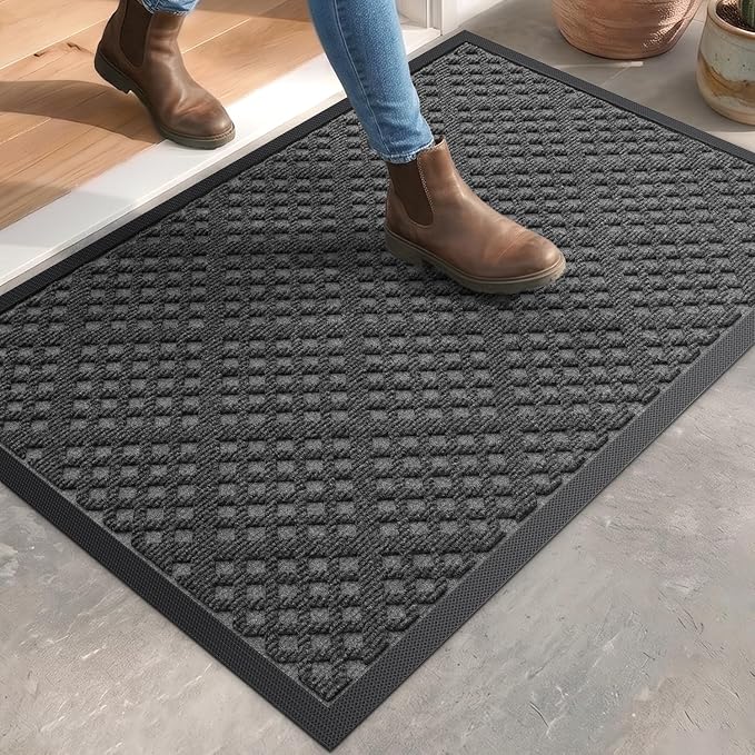 DEXI Front Door Mat Outside Entrance, 17x30 Heavy Duty Entry Doormat Dirt Trapper with Rubber Back, Non Slip Low Profile Floor Mats for Entryway Exterior Patio, Rhombic Grey