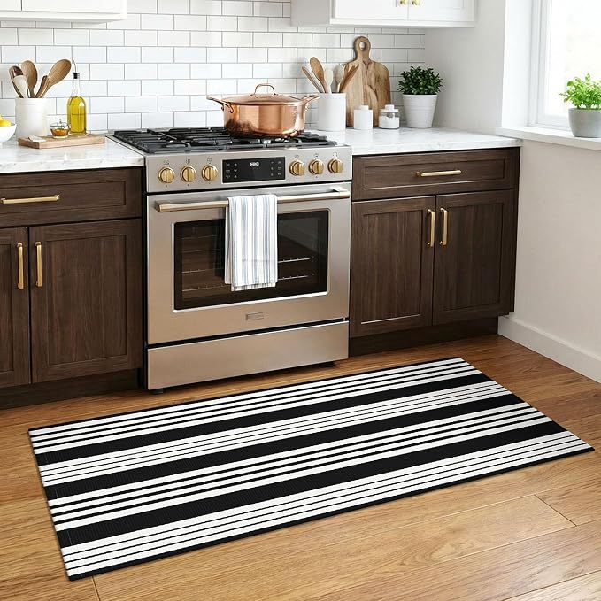 KOZYFLY 2x4.3 ft Black White Striped Rug Front Door Rug Cotton Woven Washable Indoor Outdoor Rugs Entrance Layered Doormat for Front Porch Kitchen Patio Farmhouse Carpet