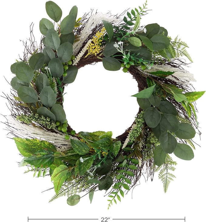 Sweet Anne Eucalyptus Wreath - 22-Inch Artificial Spring, Summer, or Fall Wreath for Home Decor - Wreaths for Indoors or Covered Patio by Pure Garden