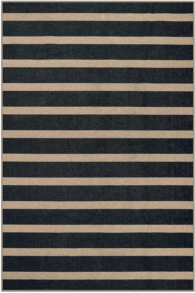 Lahome Striped Easy Jute 6x9 Area Rugs, Outdoor Patio Rug Washable Black | Porch Living Room Rug, Modern Farmhouse Neutral Non Slip Stain Resistance Indoor Carpet for Office Deck Classroom Dining Room