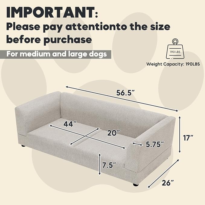 56.5" Dog Sofa Couch for Medium and Large Dogs with Backrest and Armrest, Memory Foam Dog Sofa Bed, Modern Elevated Pet Couch Bed with Legs for Dogs, Beige