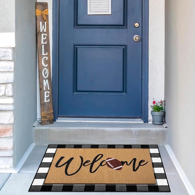 Tinideya Football Layered Doormat, Outdoor Football Decorations for Home | Welcome Non Slip Coir Mats, Front Porch Entryway Decor, Seasonal Layering Doormats