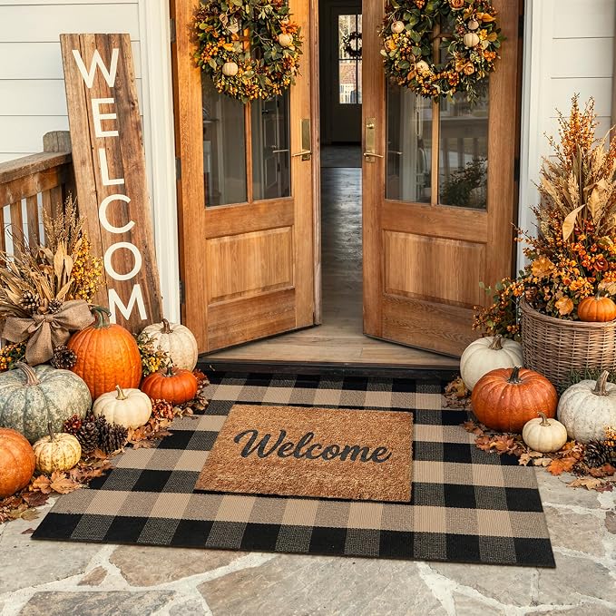 KIMODE Washable Outdoor Rug 3x5, Farmhouse Fall Front Door Mat, Black and Tan Checkered Patio Rug Carpet,Welcome Layering Rug for Front Porch Entryway Kitchen Outside Entrance