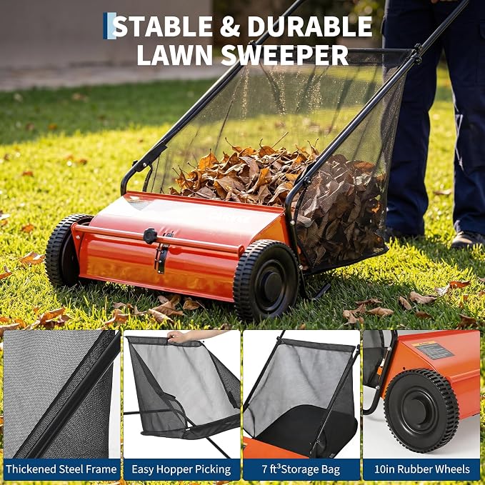 Manual Push Lawn Sweeper 26 Inch- Walk Behind Yard Sweeper for Leaves and Grass,7 Cu. ft. Large Hopper, Height Adjustable, 4 Fast Spinning Brushes