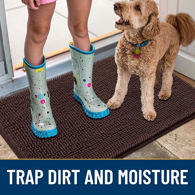 Smiry Dog Door Mat for Muddy Paws 36x24, Absorbent Dirt Trapper, Non-Slip Washable Chenille Entryway Rug for Inside Floor, Brown, Classic Solid