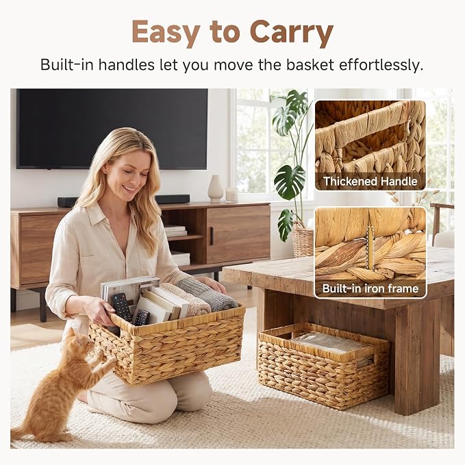 StorageWorks Wicker Storage Baskets for Shelves,Hyacinth Baskets,2-Pack | Wicker Baskets for Organizing,Decorative Organizers with Handles,Wicker Baskets for Storage,Woven Baskets for Storage