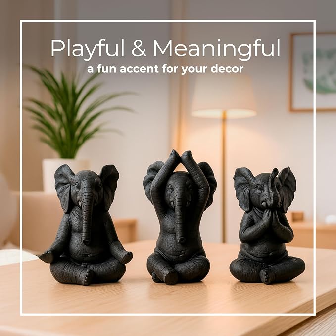 Resin Yoga Elephant Sculptural for Home or Bathroom Decor - Figurine for Shelf, Coffee Table, or Living Room - Ornaments Accent for Office Desk or Entryway - Set of 3, 9", 8", 8", Black