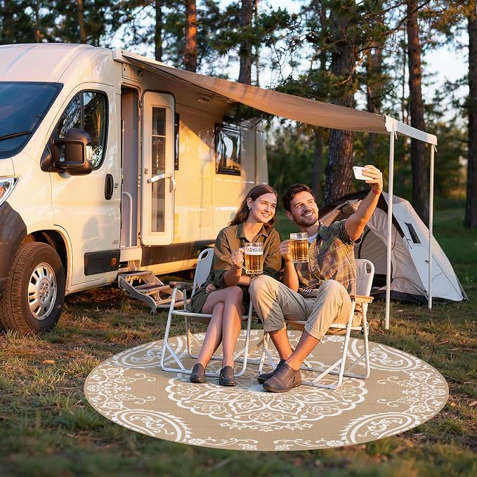 Pauwer Outdoor Rug 6ft, Waterproof Plastic Straw Camping Rug, Boho Brown | Reversible Patio Rug, UV Resistant Indoor Outdoor RV Mat Carpet For Deck, Camper, Porch, Balcony, Backyard, Picnic, Foldable