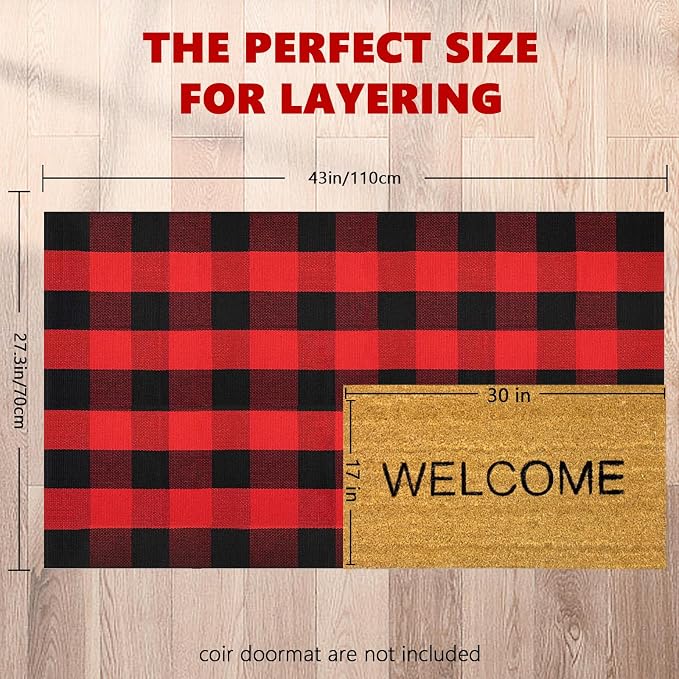 Buffalo Plaid Area Rug, Checkered Rug 3x5 Ft, Black and Red Rug, Washable Cotton Mat for Front Porch, Entryway, Kitchen, Living Room, Christmas Decor