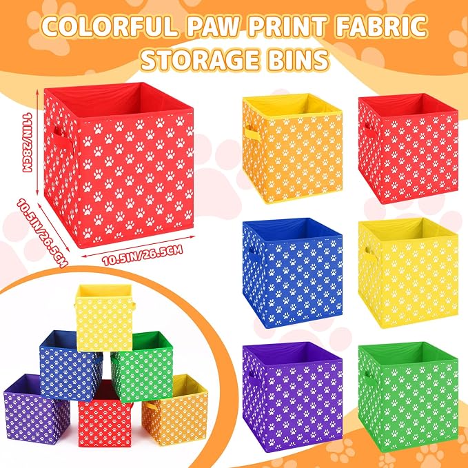 Kathfly 6 Pcs 11" Colorful Fabric Classroom Storage Bins Paw Print Themed Cubby Bins Storage Baskets with Handles for School Classroom Lost and Found Decor Office Home Organizer Supplies