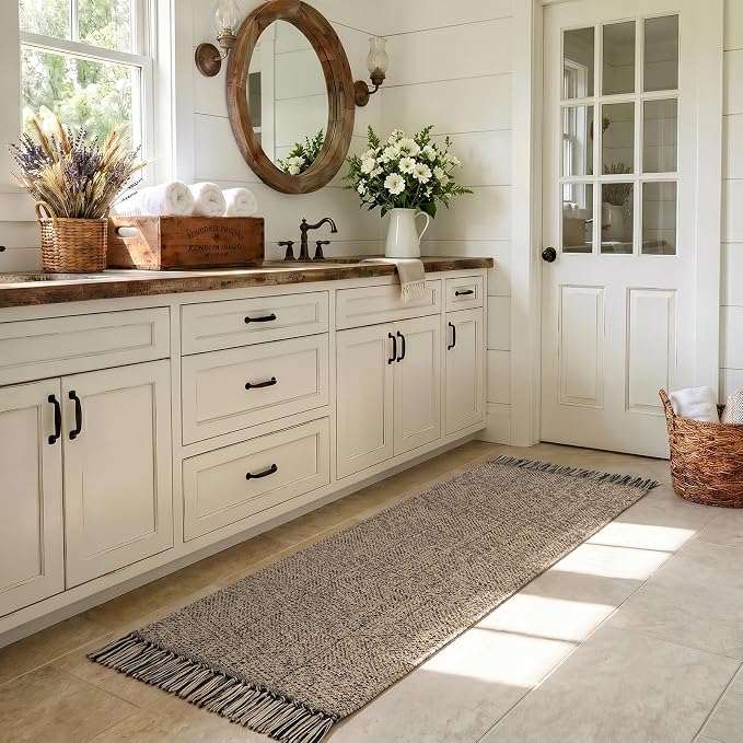 Collive Farmhouse Hallway Runner Rug, 2x6 Hand-Woven Reversible Washable Runners for Kitchen Floor, Natural/Black Cotton Laundry Room Rugs Modern Boho Kitchen Sink Carpet for Bathroom Foyer Bedroom