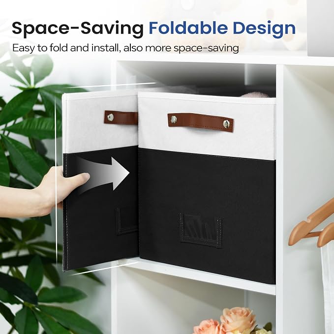 FinishingBo 13 inch Storage Bins with Labels 6 Pack | PU Leather Handles, Foldable Storage Cubes, Storage Baskets, Closet Storage, White/Black