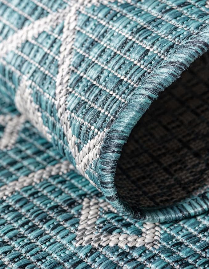 Unique Loom Outdoor Trellis Collection Area Rug - Tribal Trellis (5' 3" Square, Teal/ Ivory)