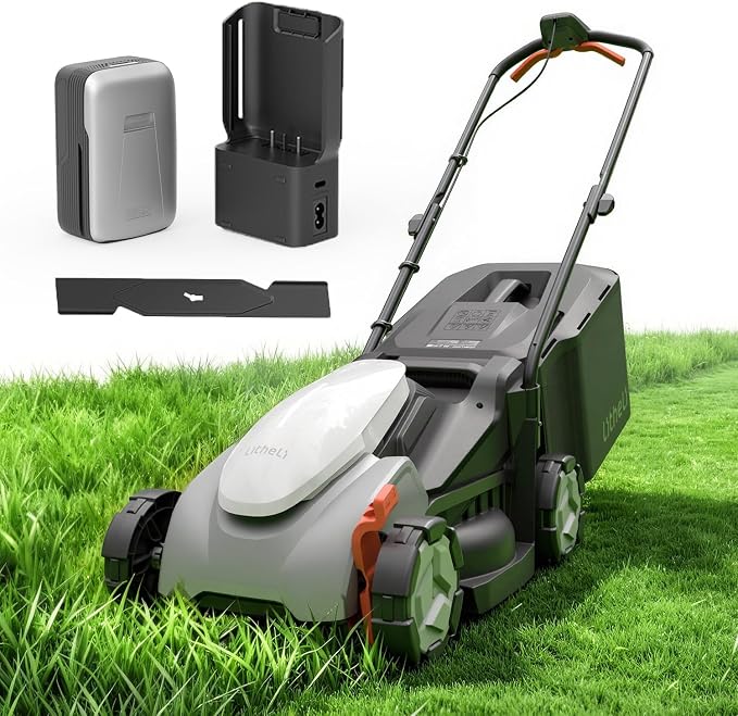 Litheli 14 Inch Cordless Lawn Mower, Lightweight Push Mower with 5.0Ah Battery and Smart Charger, Brushless Motor Lawnmower, 5-Position Height Adjustment (1-2.5 in) for up to 3000 Sq. Ft
