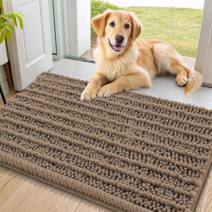 Smiry Dog Door Mat for Muddy Paws 36x24, Absorbent Dirt Trapper, Non-Slip Washable Chenille Entryway Rug for Inside Floor, Camel, Layered Pattern