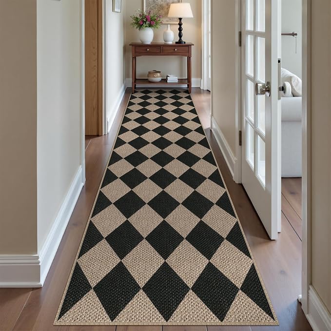 Rugalia Easy Jute Checkered Runner Rug, 2.6x10 Black Modern Washable Rugs Runner for Hallway Non-Slip Kitchen Runner Rug, Geometric Diamond Indoor Outdoor Carpet for Porch Laundry Entryway