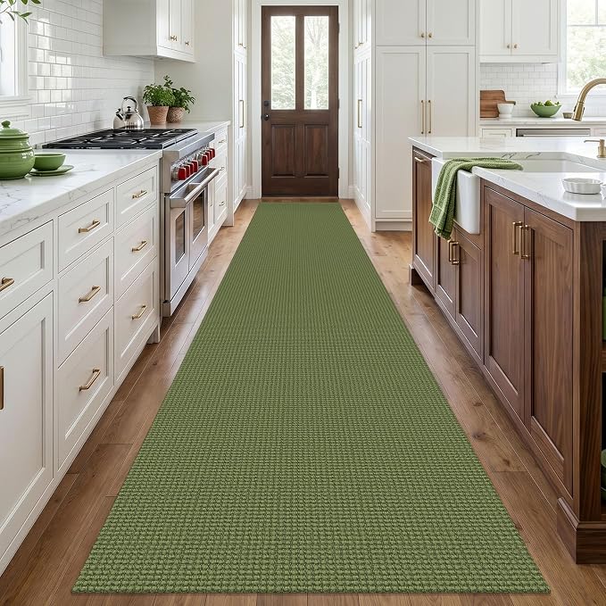 IOHOUZE Washable Exrea Long Hallway Runner Rug 3x18 Non Slip Rubber Backed Kitchen Runner Entryway Runner Indoor, Woven Rugs Floor Carpet for Kitchen Hall Entryway, Olive Green/Earthy Green