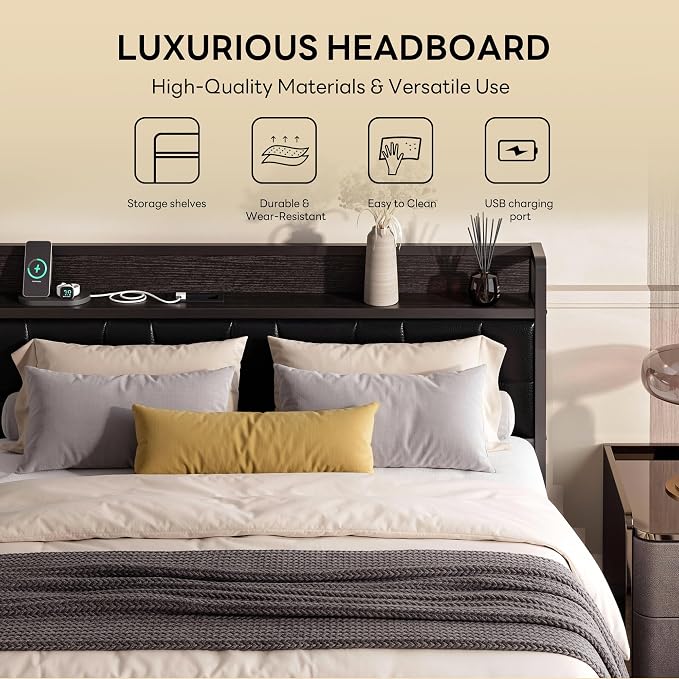 LIKIMIO California King Bed Frame, PU Leather Storage Headboard with Charging Station, Solid and Stable, Noise Free, No Box Spring Needed, Easy Assembly, Black