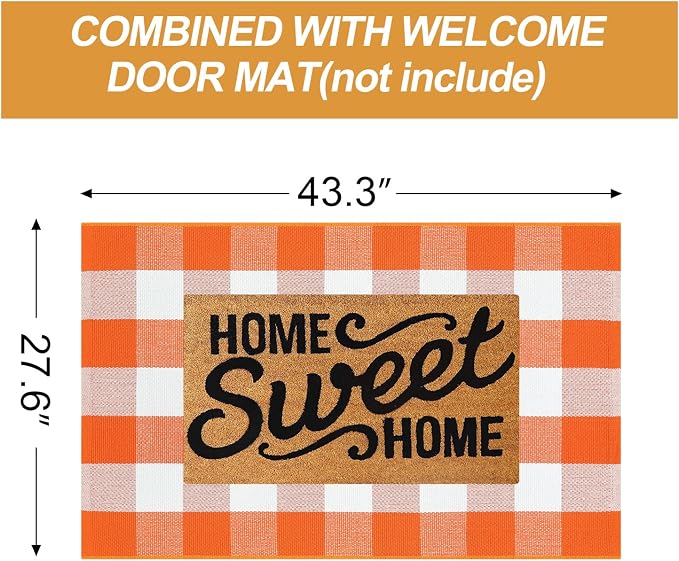 Collive Buffalo Plaid Checkered Outdoor Rug, White and Orange Halloween Fall Decor Door Mat, Washable 27.5x43 Inches Front Porch Rug, Layered Welcome Mat Doormat for Porch Entryway Patio Kitchen
