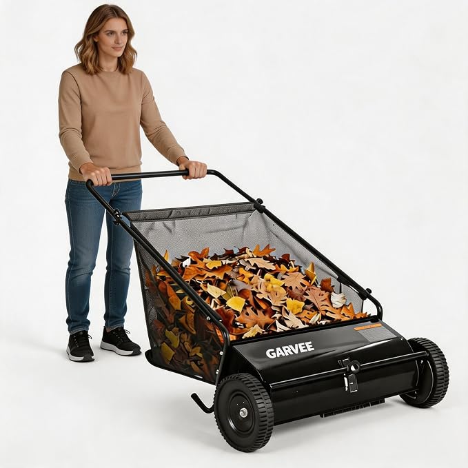 26 Inch Push Lawn Sweeper with Wheels,Manual Push Sweeper for Leaves and Grass Collection,7cu. ft. Hopper Bag,4 Adjustable Spinning Brushes, Ideal for Garden, Patio and Yard Cleanup