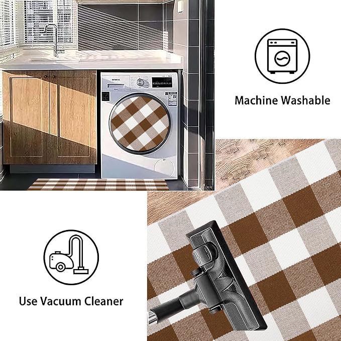 Coffee and White Outdoor Rug 24''x51''Checkered Plaid Front Porch Rug Cotton Woven Washable Door Mat Outdoor for Layered Doormat Hello Welcome Door Mat Kitchen Farmhouse Entryway