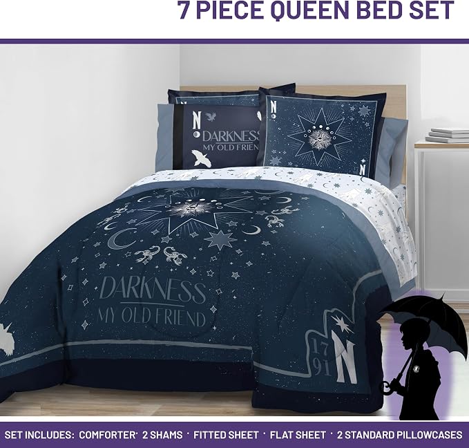 Wednesday Addams Queen Comforter Set 7 Piece Bedding for Girls, Blue | Bed in a Bag, Comforter Sheets Shams Pillowcases, Official Product, Soft Microfiber, Machine Washable, Girls Gift