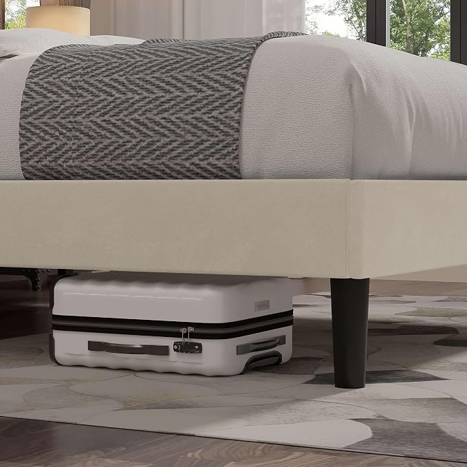 VECELO Full Size Bed Frame with Upholstered Headboard, Velvet Platform Bedframe Mattress Foundation, Strong Wood Slat Support, No Box Spring Needed,Velvet Beige