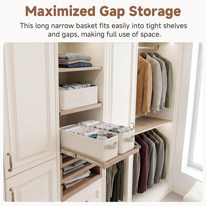 StorageWorks Narrow Storage Bins, Small Basket for Closet and Shelves, Fabric Organizer with Handles, Toilet Paper Storage, Beige, Cool Cotton, 2-Pack