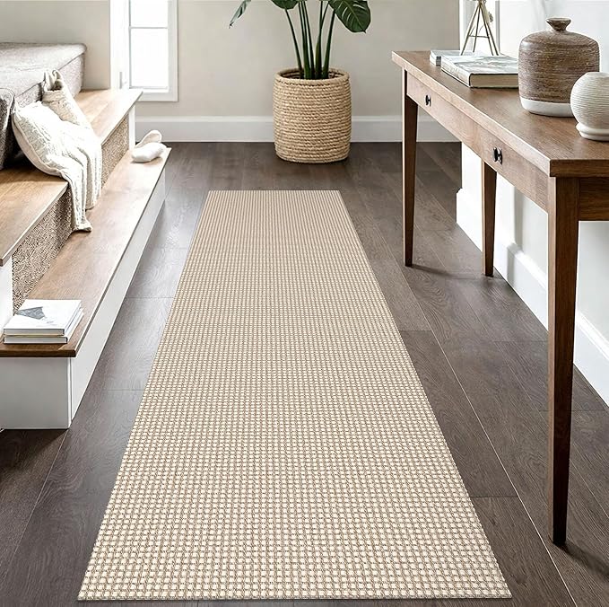IOHOUZE Washable Runner Rug 2.6x8 Non Slip Rubber Backed Wide Hallway Runner Entryway Runner Indoor, Kitchen Rugs Woven Cotton Floor Carpet for Hall Entrance Bedroom, Cream/Beige