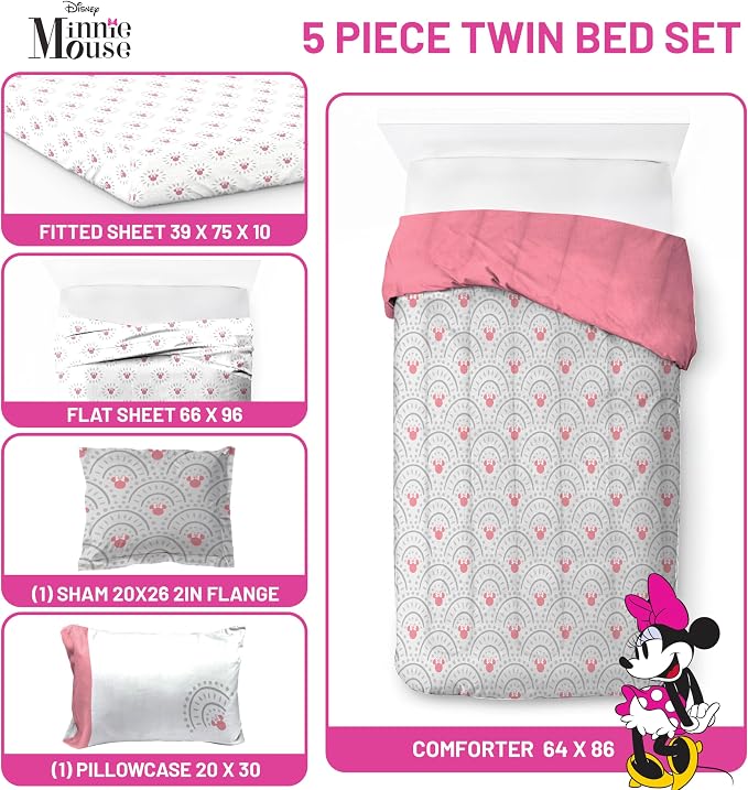 Disney Minnie Mouse Twin Comforter Set 5 Piece Bedding for Girls, Grey | Bed in a Bag, Comforter Sheets Sham Pillowcase, Official Product, Soft Microfiber, Machine Washable, Easy Care, Girls Gift